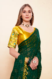 Bottle Green Saree with Work Blouse and Contrast Matching