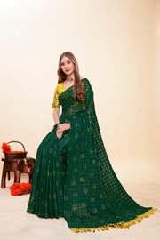 Bottle Green Saree with Work Blouse and Contrast Matching