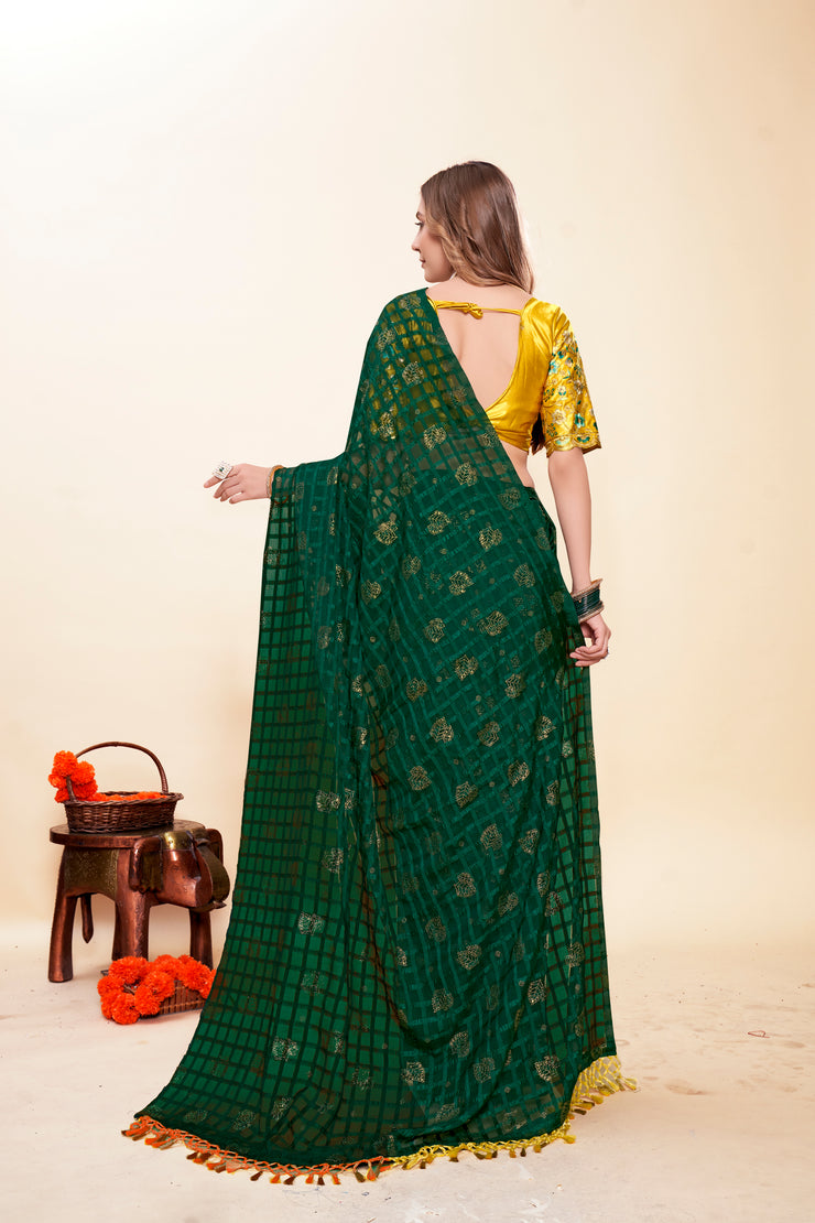 Bottle Green Saree with Work Blouse and Contrast Matching