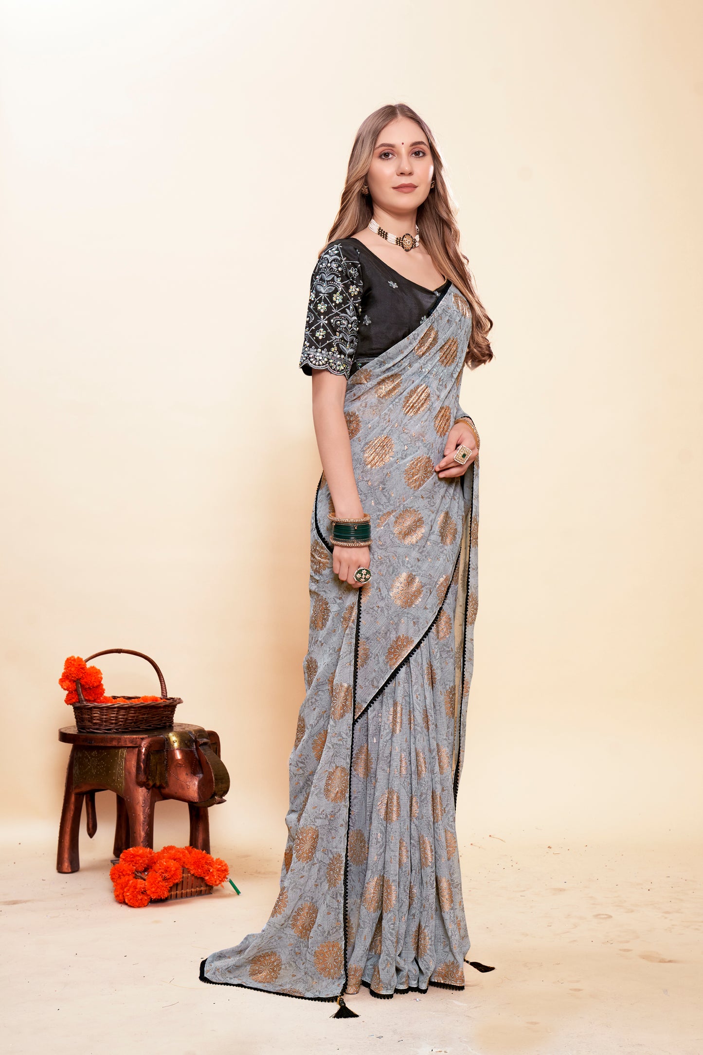 Sui Dhaga Multicolor Saree with Hand Work Blouse and Dusty Matching
