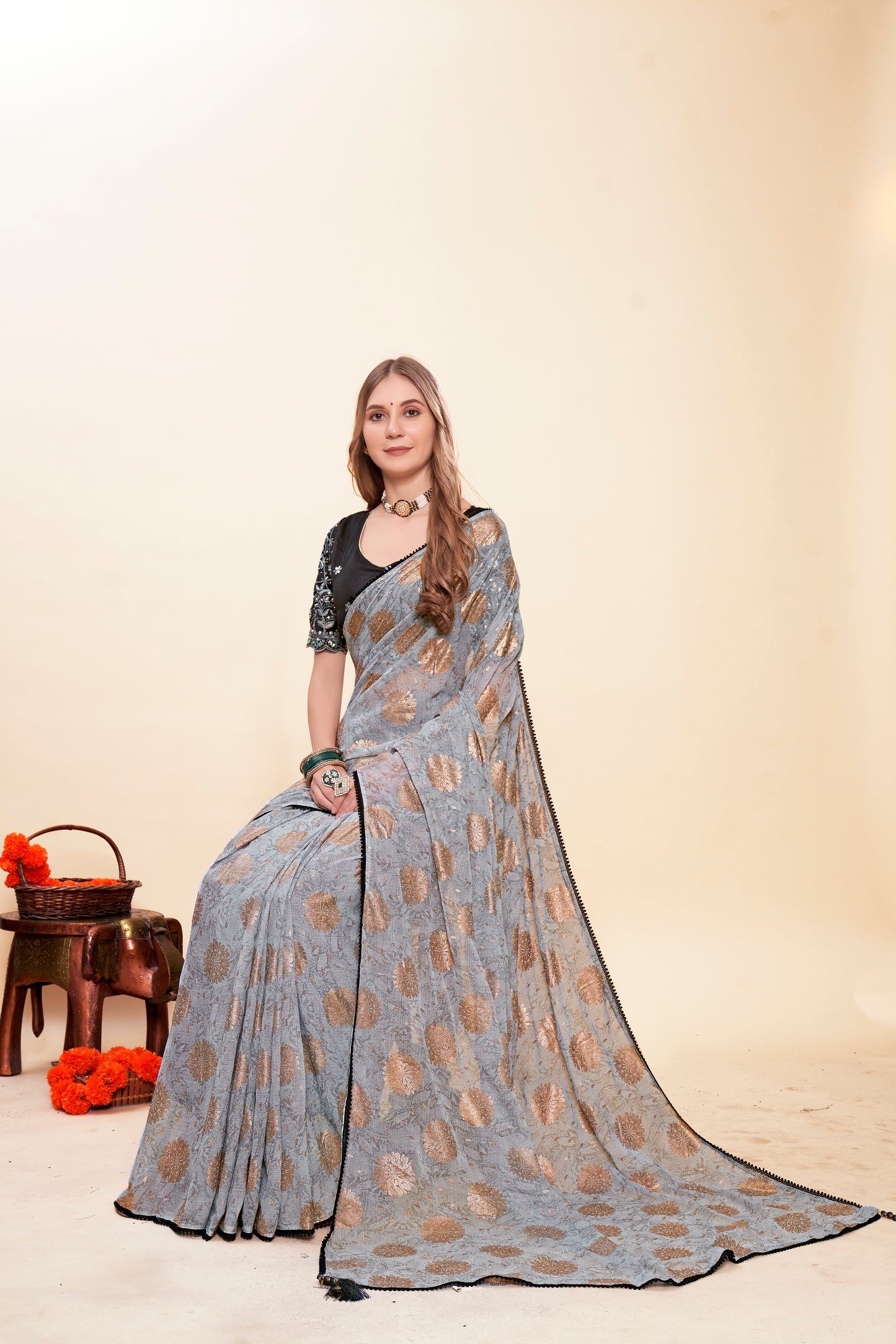 Vintage Collection Contrast Matching Shibori Saree with Rose Gold Foil Printing with Hand Work Blouse