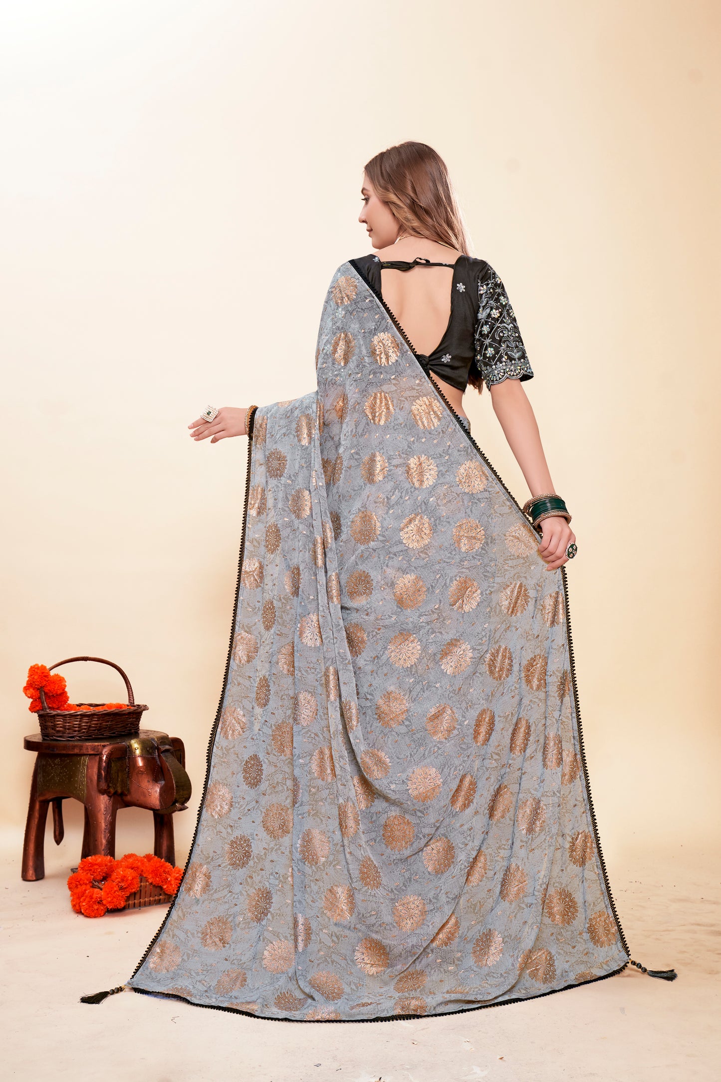 Vintage Collection Contrast Matching Shibori Saree with Rose Gold Foil Printing with Hand Work Blouse