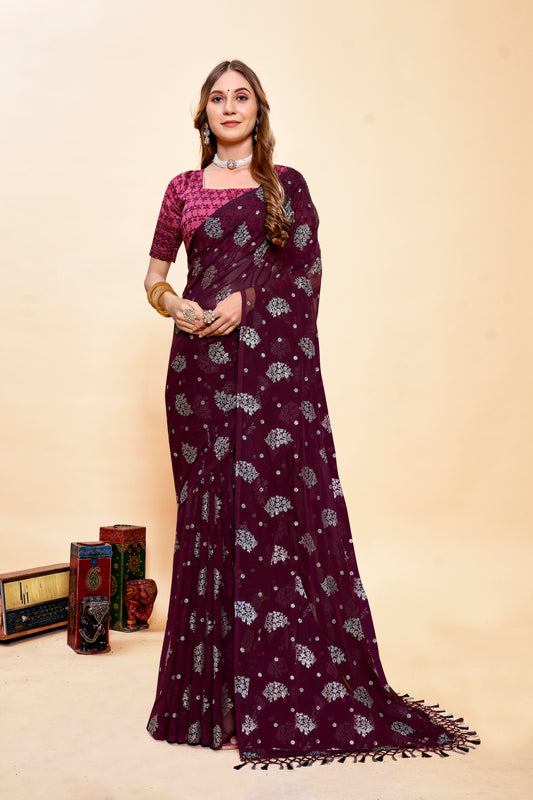 Black Queen Purple Chiffon Saree with Fancy Blouse and Tone to Tone colour matching