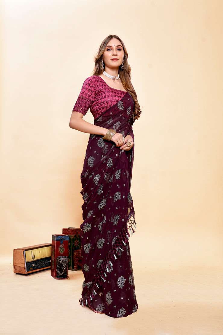 Black Queen Purple Chiffon Saree with Fancy Blouse and Tone to Tone colour matching