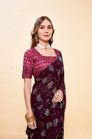 Black Queen Purple Chiffon Saree with Fancy Blouse and Tone to Tone colour matching