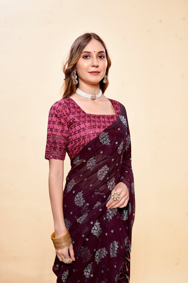 Black Queen Purple Chiffon Saree with Fancy Blouse and Tone to Tone colour matching