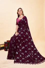 Black Queen Purple Chiffon Saree with Fancy Blouse and Tone to Tone colour matching