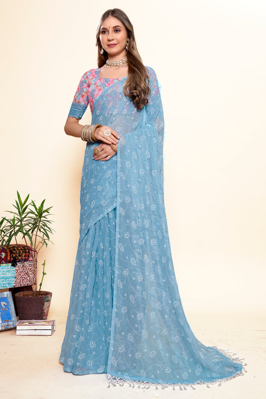Sky Blue Chiffon Saree with Digital Printed Shifli Blouse