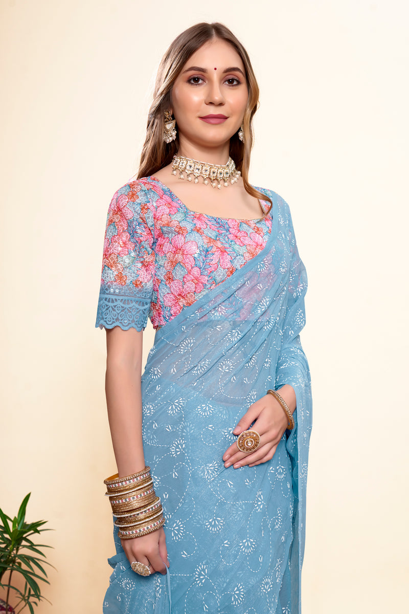 Sky Blue Chiffon Saree with Digital Printed Shifli Blouse