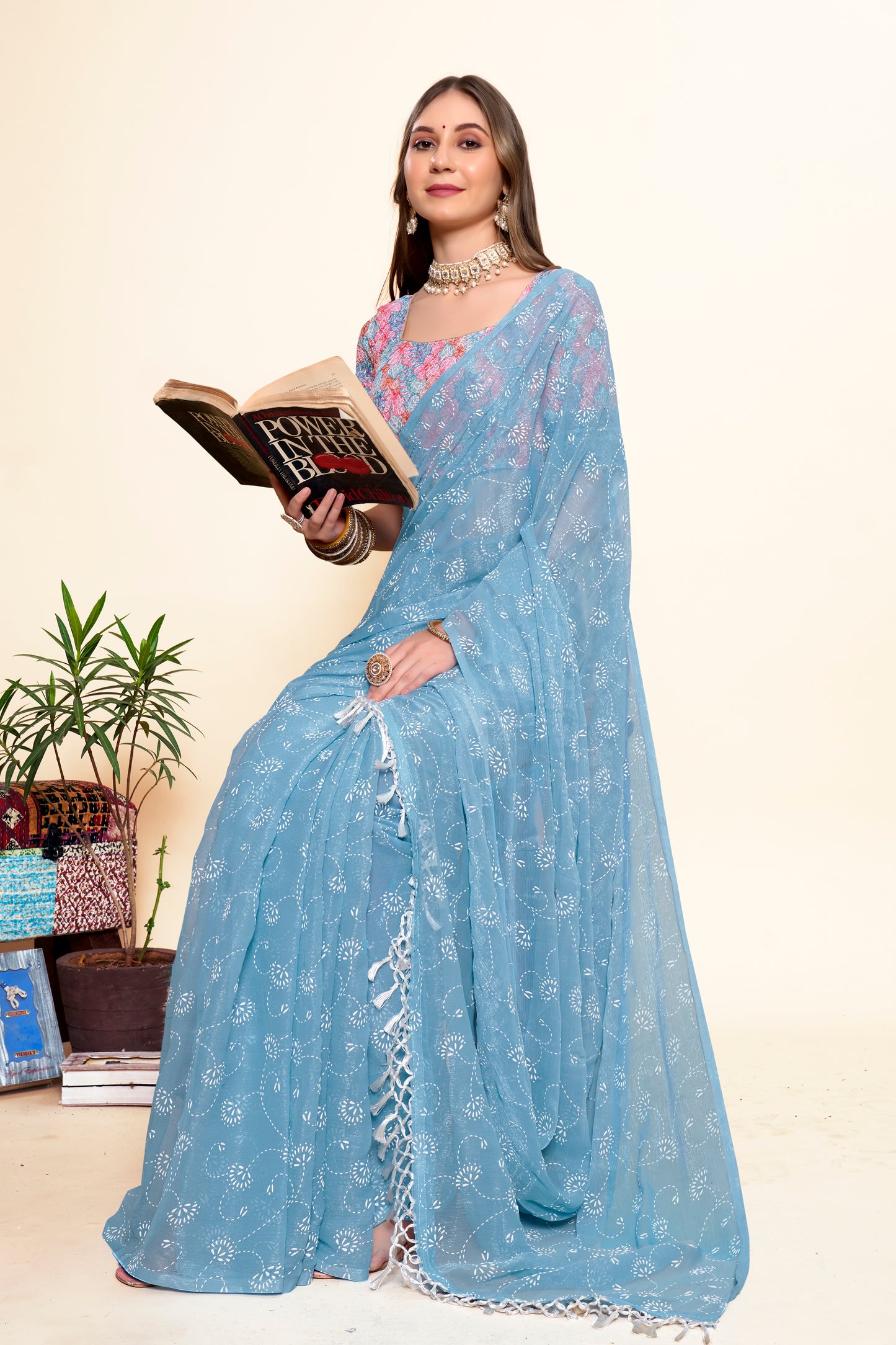 Sky Blue Chiffon Saree with Digital Printed Shifli Blouse