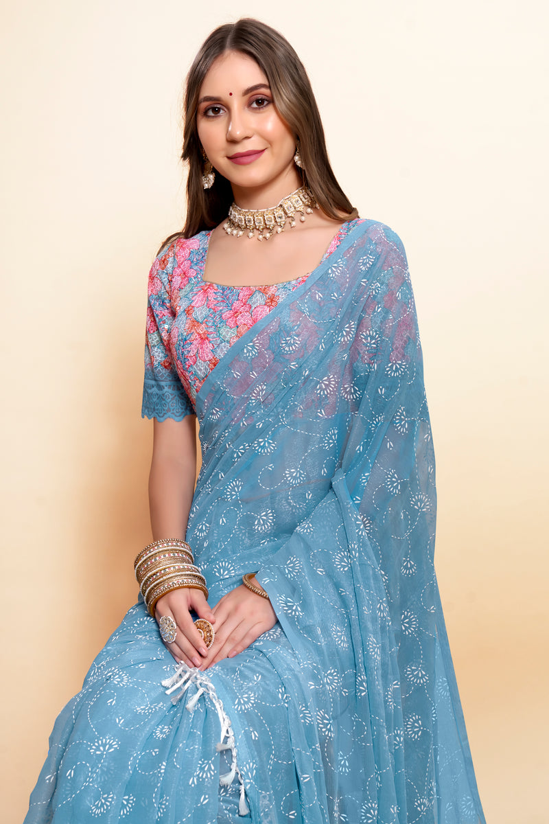 Sky Blue Chiffon Saree with Digital Printed Shifli Blouse