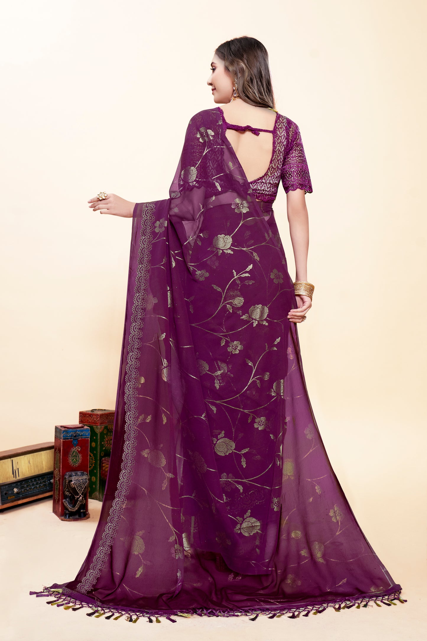 Roseline Multicolor Chiffon Saree with Rose Flower Print (8 Colours Available).