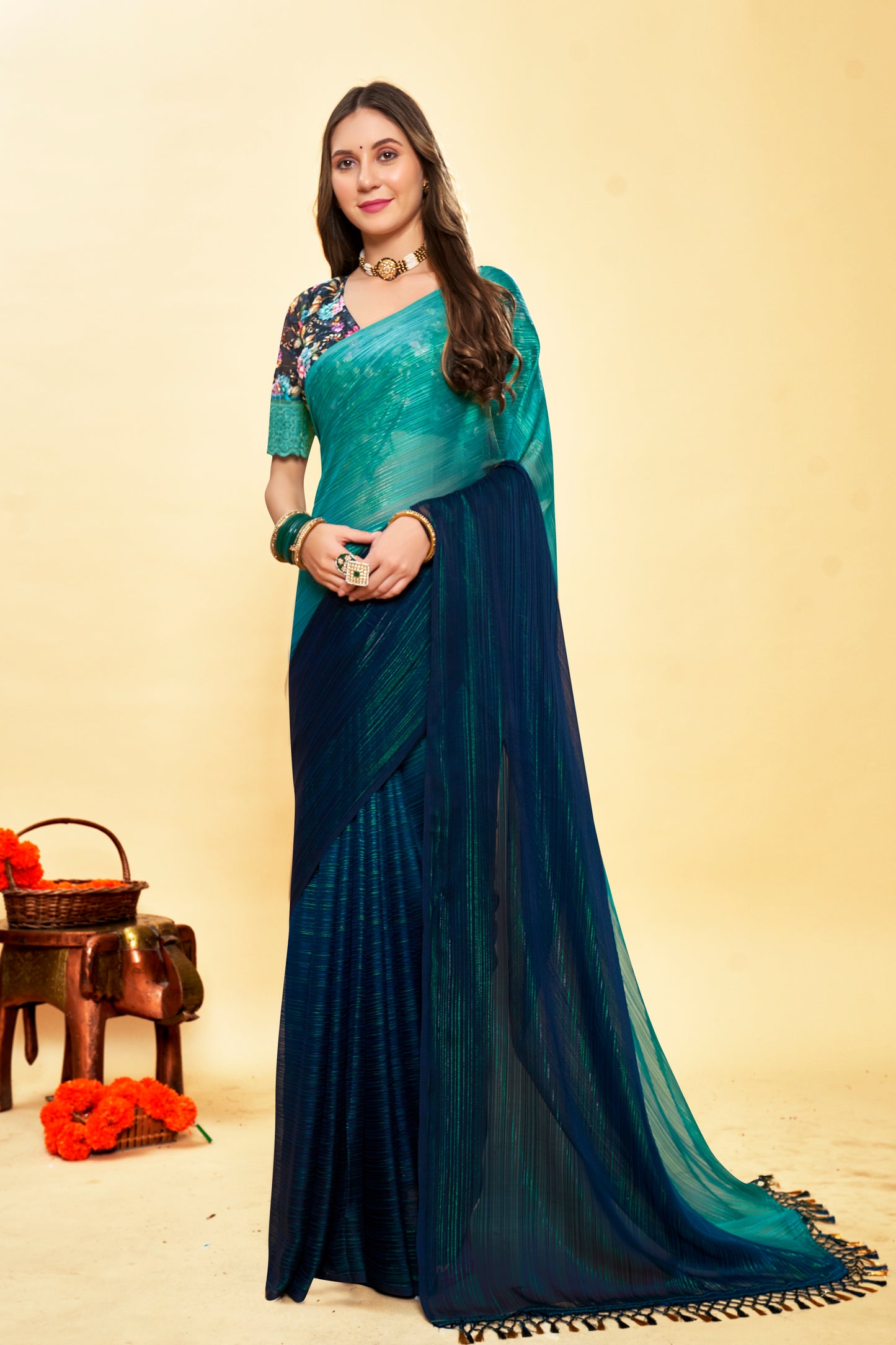 Vrindavan Peacock Blue Saree Padding Concept and Fancy Fabric Sare
