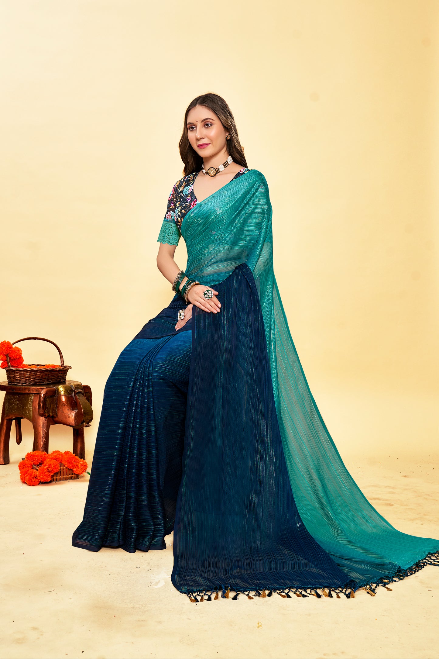 Vrindavan Peacock Blue Saree Padding Concept and Fancy Fabric Sare