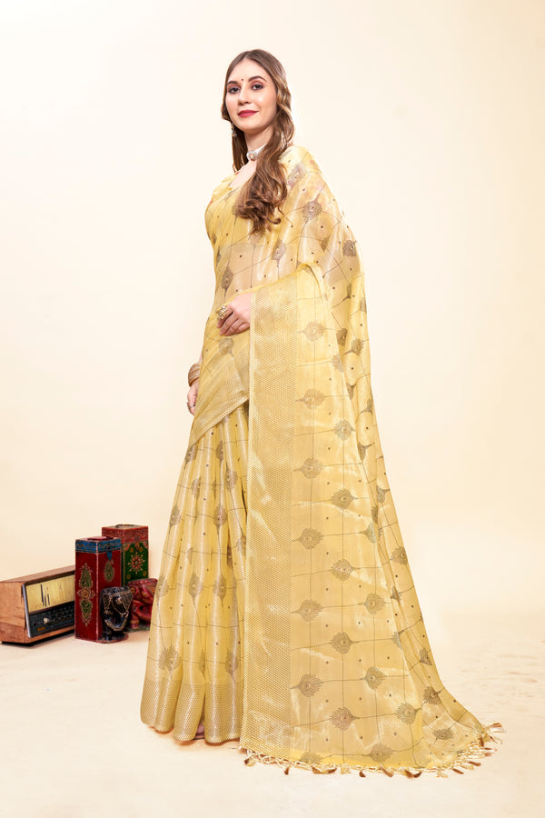 Yellow Organza Saree with Fancy Fabric Saree and Tone to Tone Matching