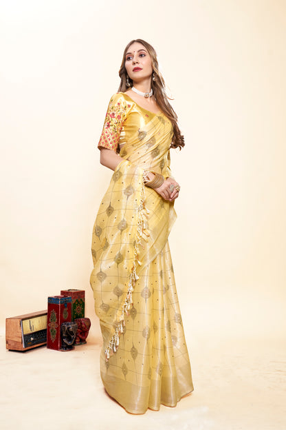 Yellow Organza Saree with Fancy Fabric Saree and Tone to Tone Matching