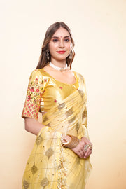 Yellow Organza Saree with Fancy Fabric Saree and Tone to Tone Matching