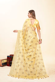 Yellow Organza Saree with Fancy Fabric Saree and Tone to Tone Matching