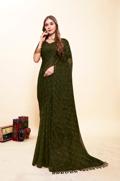 Omex Green Chiffon Saree with Tone to Tone Matching