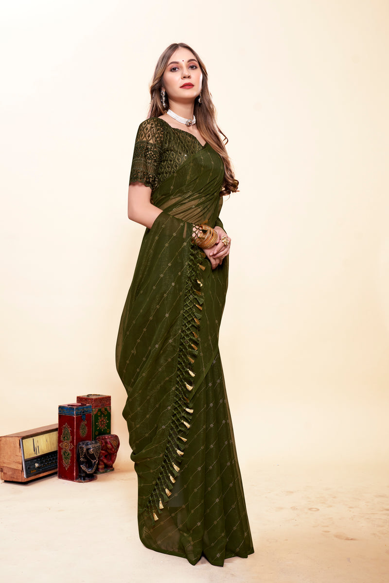 Omex Green Chiffon Saree with Tone to Tone Matching