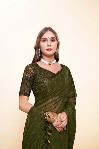 Omex Green Chiffon Saree with Tone to Tone Matching