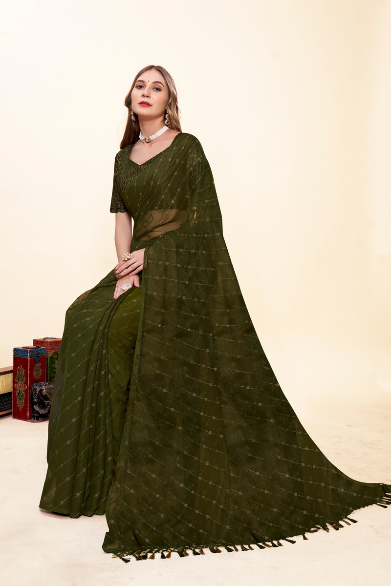 Omex Green Chiffon Saree with Tone to Tone Matching