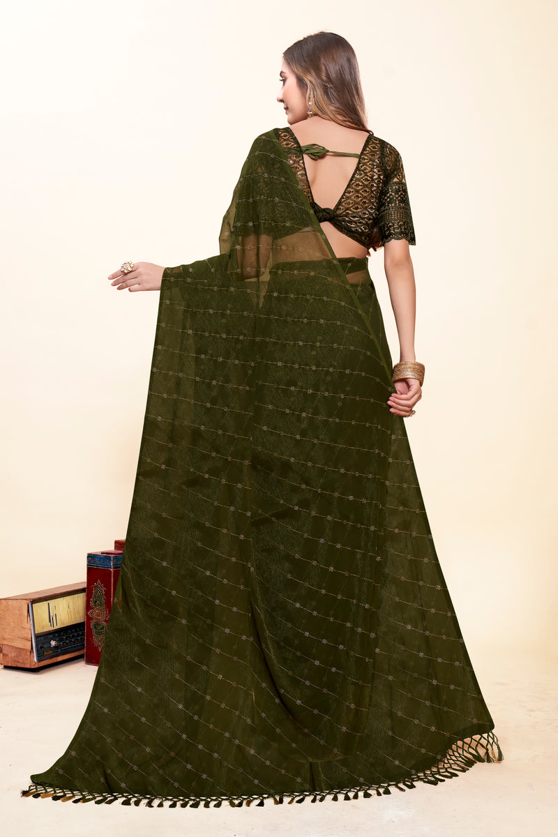 Omex Green Chiffon Saree with Tone to Tone Matching