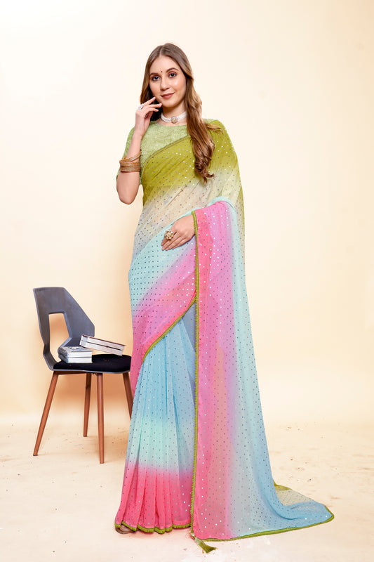 Rocky aur Rani Multicolor Fur Blouse and Fancy Fabric Saree with Padding Concept