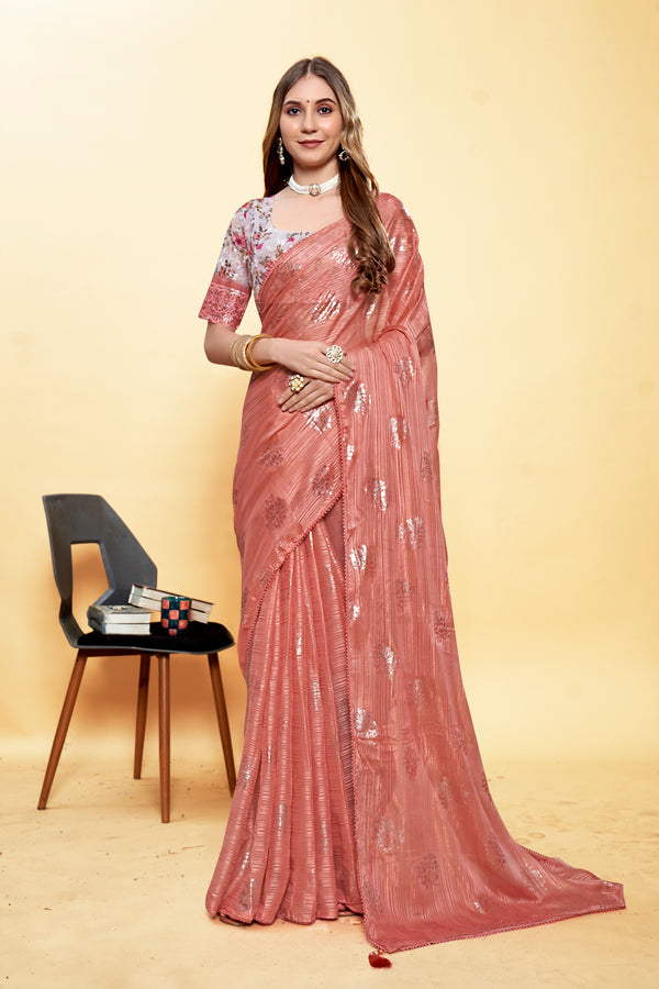 Simple Shiny Orange Saree with Fancy Fabric Saree and Lace Border