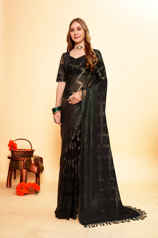 Black Saree with Multicolour Foil Printing And Net Blouse