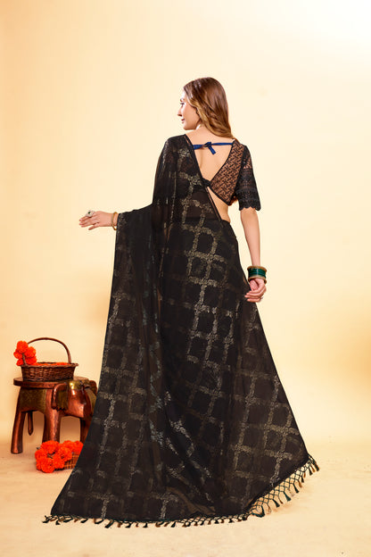 Black Saree with Multicolour Foil Printing And Net Blouse