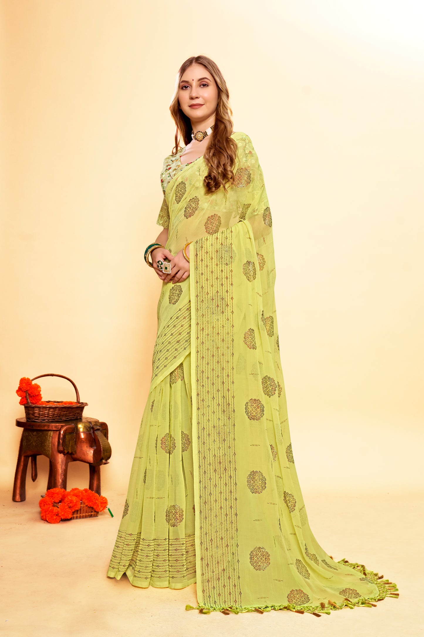 Light Green Chiffon Saree with Digital Printed Blouse