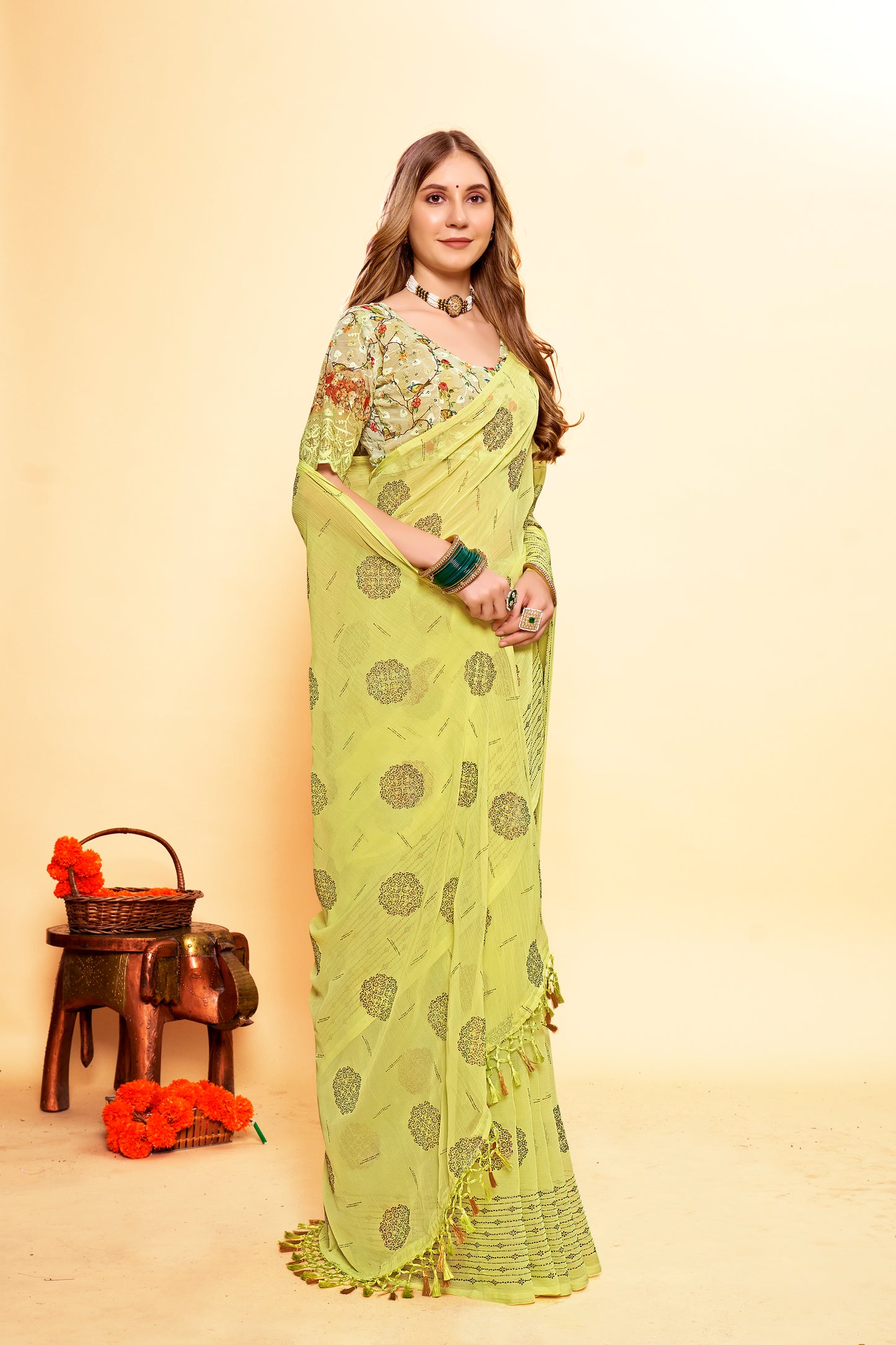Light Green Chiffon Saree with Digital Printed Blouse