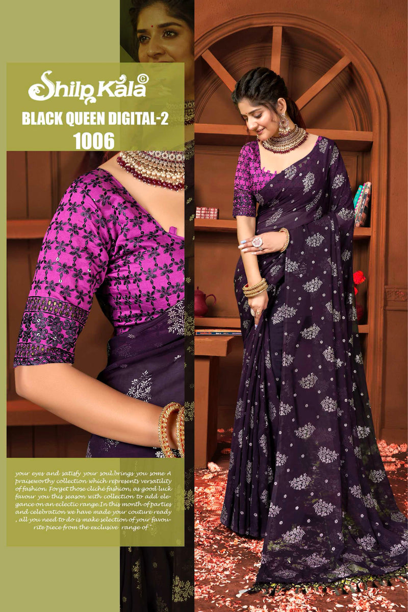 Black Queen 2 Multicolor Chiffon Saree with Fancy Blouse and Tone to Tone Colour Matching (8 Colours Available)