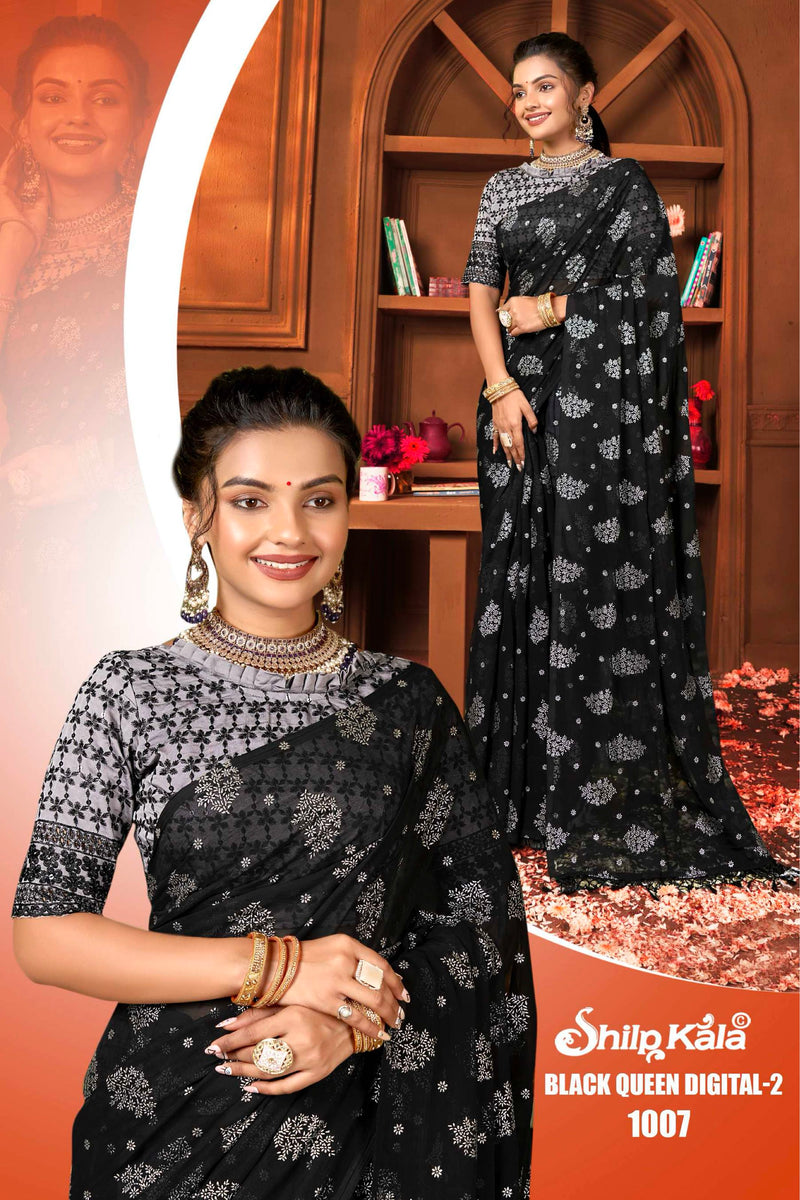 Black Queen 2 Multicolor Chiffon Saree with Fancy Blouse and Tone to Tone Colour Matching (8 Colours Available)