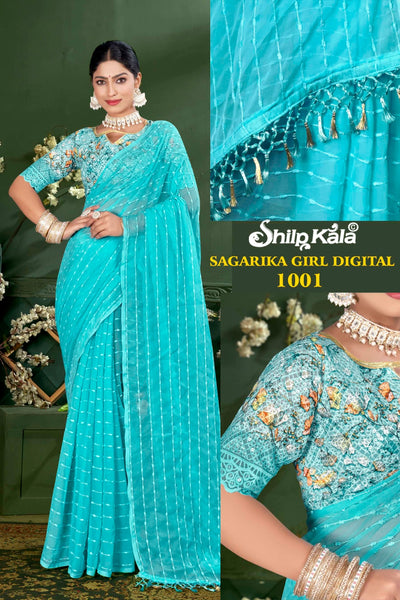 Sagarika Multicolor Saree with Weaving Pattern and Digital Shifli Blouse (8 Colours Available)