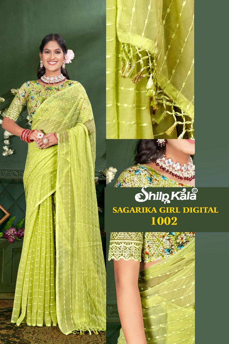 Sagarika Multicolor Saree with Weaving Pattern and Digital Shifli Blouse (8 Colours Available)