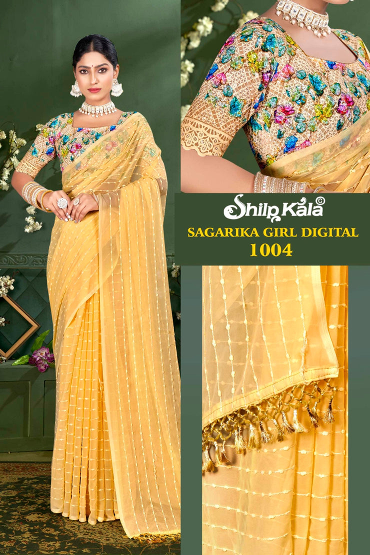 Sagarika Multicolor Saree with Weaving Pattern and Digital Shifli Blouse (8 Colours Available)