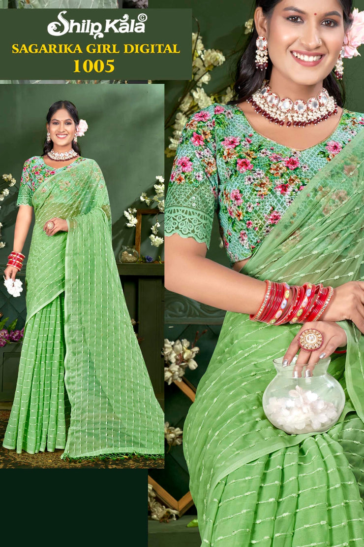 Sagarika Multicolor Saree with Weaving Pattern and Digital Shifli Blouse (8 Colours Available)