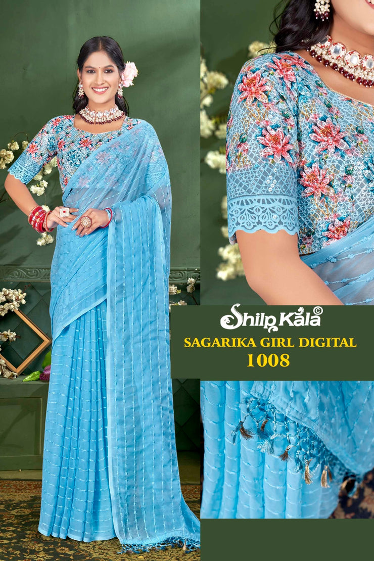 Sagarika Multicolor Saree with Weaving Pattern and Digital Shifli Blouse (8 Colours Available)