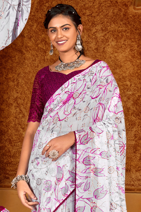 Show Time  Georgette Saree With Contrast Matching Chanderi Blouse (8 Colours Available).