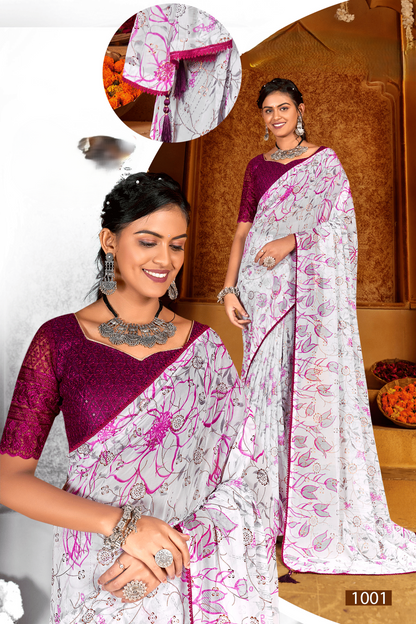 Show Time  Georgette Saree With Contrast Matching Chanderi Blouse (8 Colours Available).