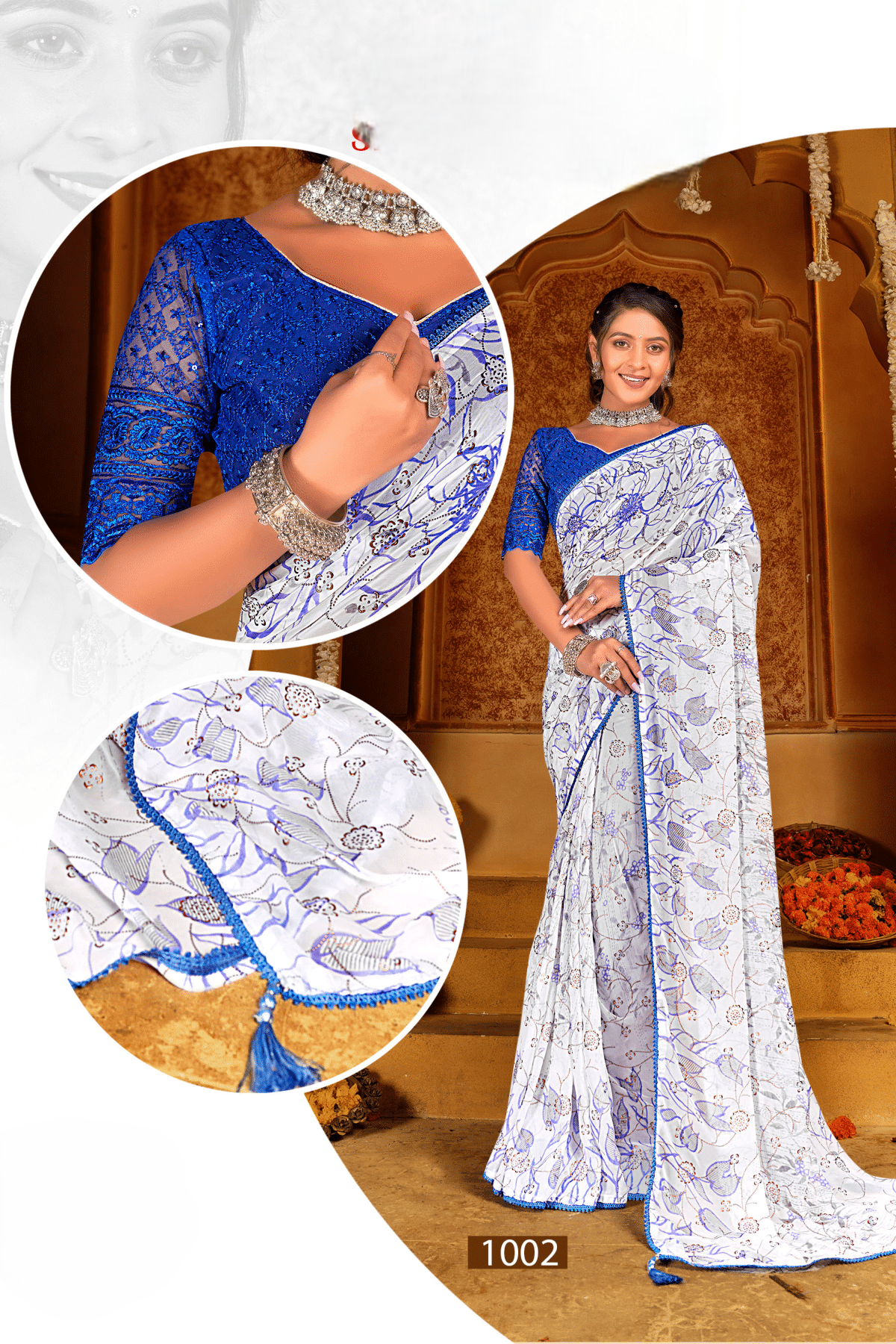 Show Time  Georgette Saree With Contrast Matching Chanderi Blouse (8 Colours Available).