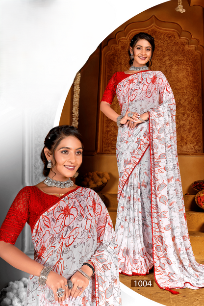 Show Time  Georgette Saree With Contrast Matching Chanderi Blouse (8 Colours Available).