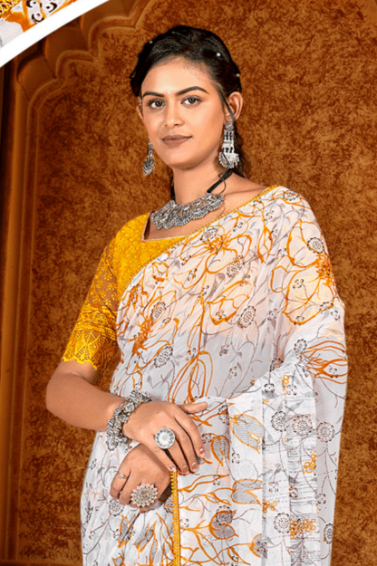 Show Time  Georgette Saree With Contrast Matching Chanderi Blouse (8 Colours Available).