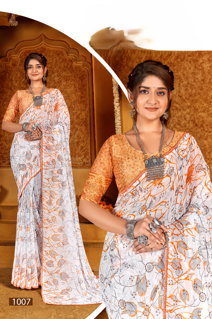 Show Time  Georgette Saree With Contrast Matching Chanderi Blouse (8 Colours Available).