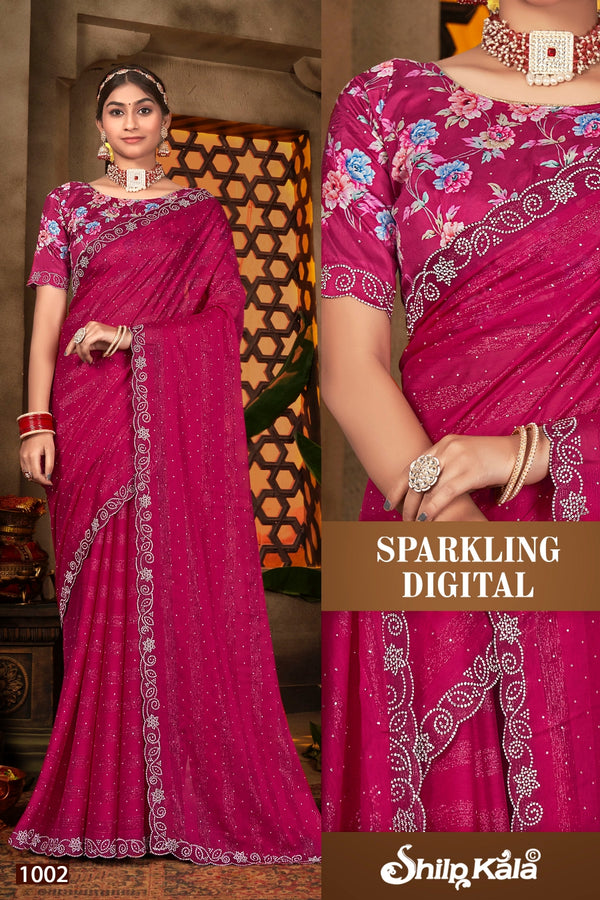 Sparking Shilpkala Rani Pink Jari Patti Saree with Digital Printed Blouse