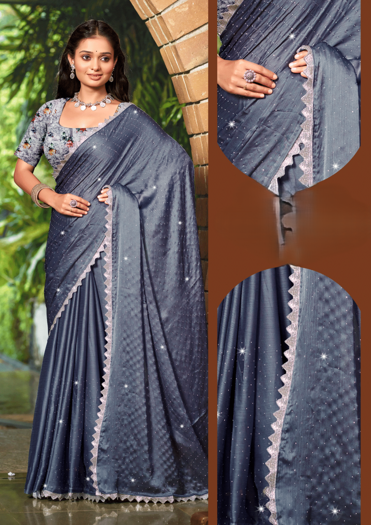 Star Dhamaal Satin Chiffon Saree – Luxurious Sheen with Bold Design for Unforgettable Elegance (8 Colours Available).