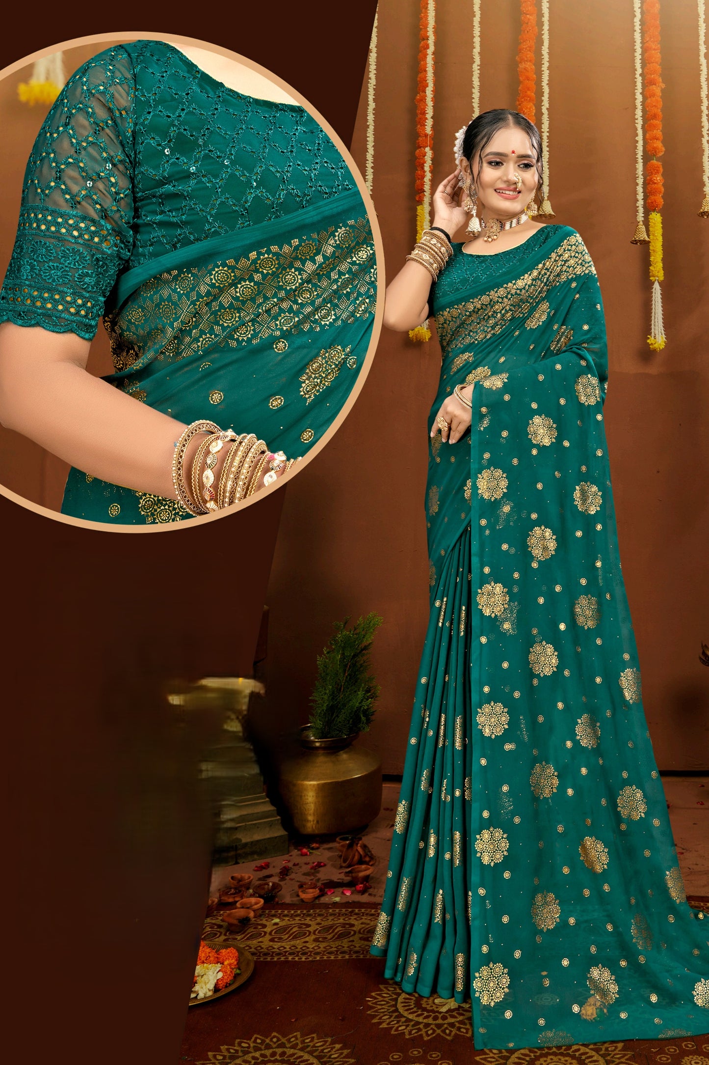 Satyaki  Georgette Saree with Foil Print (8 Colours Available).