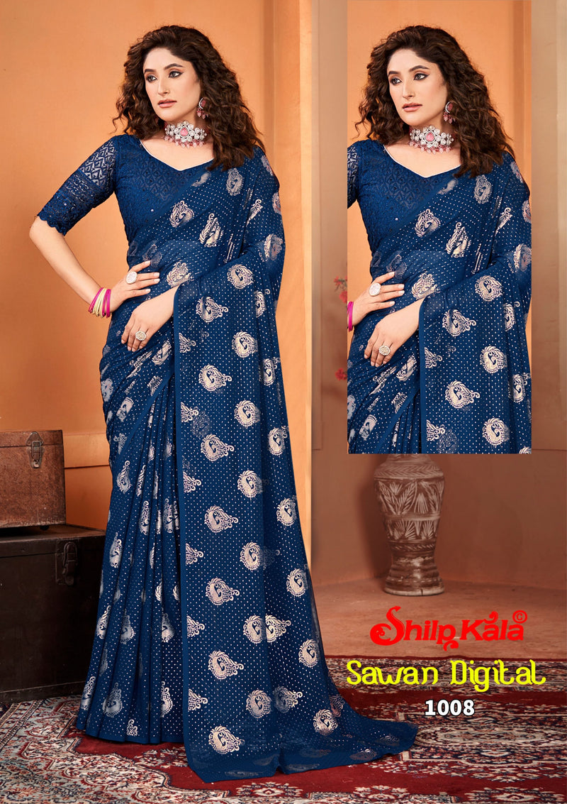 Sawan Multicolor Fancy Georgette Saree with Net Blouse (8 Colours Available).